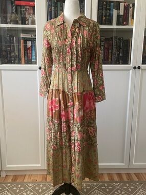 April Cornell Olive and Pink Floral Tiered Maxi Dress
